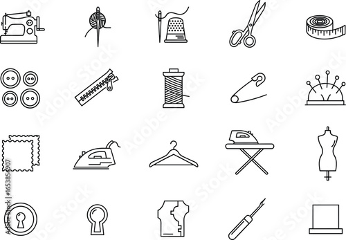 Sewing and tailoring tools collection with sewing machine, thread, needle, scissors, buttons, zipper, thimble, tape, hanger, mannequin, fabric, iron, measuring