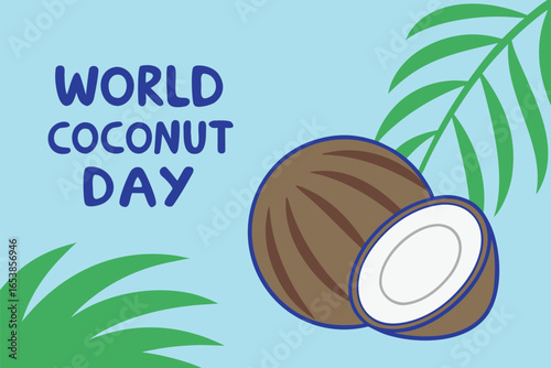 World Coconut Day text with whole and halved coconut and palm leaves lettering