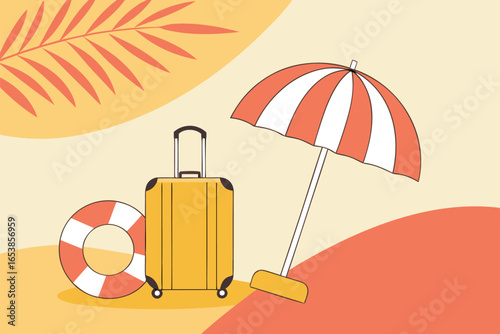 Yellow suitcase life preserver and striped beach umbrella on abstract warm background with palm leaf