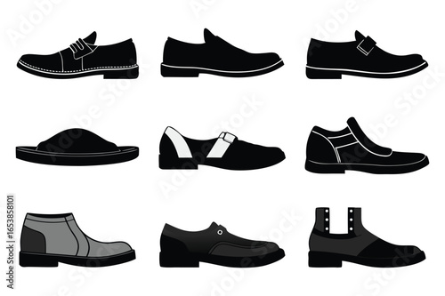 Assorted black and gray shoes are arranged systematically on a white background in vector
