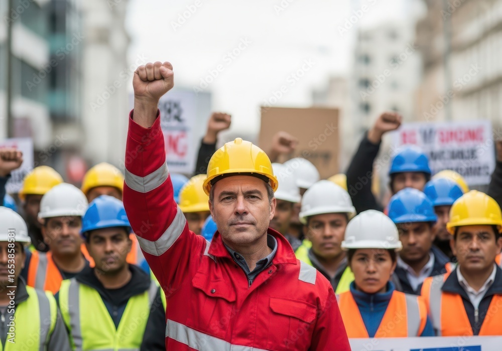 Obraz premium Group of construction workers protesting for better labor rights and fair wages on the street with raised fist