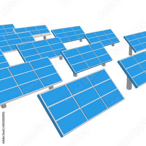 Minimalist Solar Panels Array in Bright Blue Color Tilted Position on White Background for Sustainable Clean Energy Production