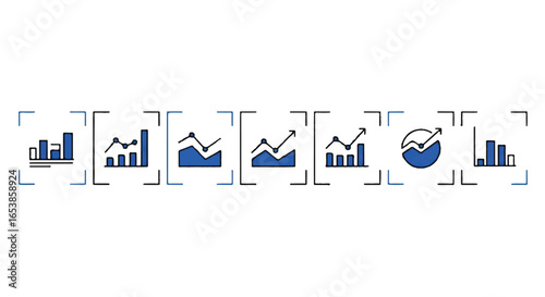 Close-up flat lay of various blue bar and pie charts illustrating growth, depicting a professional business data analysis concept against a clean white background with a
