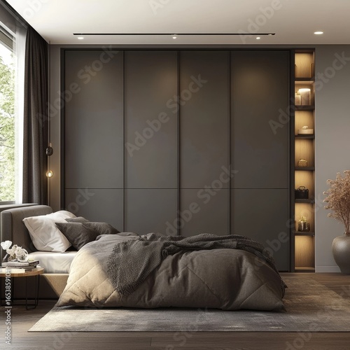 Grey wardrobe designed in minimalist style for a modern bedroom. 3D rendering, Generative AI