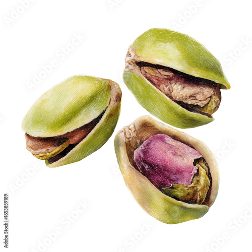 Realistic illustration of open pistachio nuts with shells, close-up food art, isolated with transparent background
