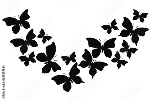 Fluttering black butterfly silhouettes create a gentle upward curve on a transparent background for any theme