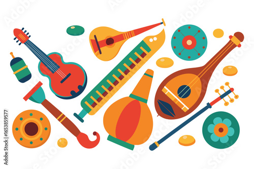 Assorted string instruments and drums are displayed in bright colors on a white background