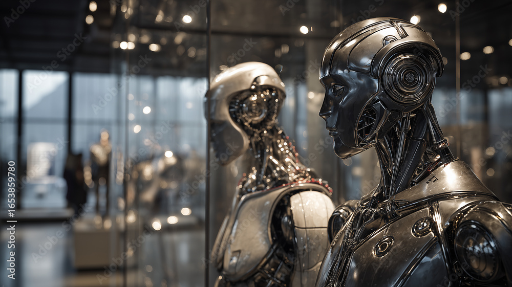 Fototapeta premium Roboty w muzeum technologii na ekspozycji, pokazujące nowoczesne rozwiązania i innowacyjne konstrukcje.