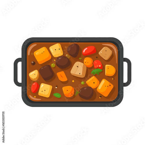 Isometric Pixel Art Illustration of Savory Stew with Meats and Vegetables in Brown Gravy on Rectangular Dish
