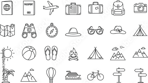 Travel and vacation icons collection with passport, airplane, luggage, backpack, camera, map, compass, sunglasses, tent, mountains, cruise ship, bicycle