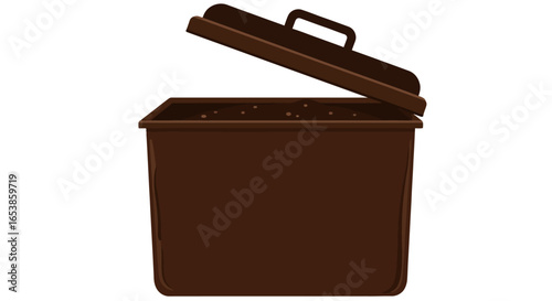 Brown compost bin with the lid open ready for kitchen scraps and garden waste promoting zero waste and home composting ideal for illustrating sustainable living and eco-friendly gardening practices.