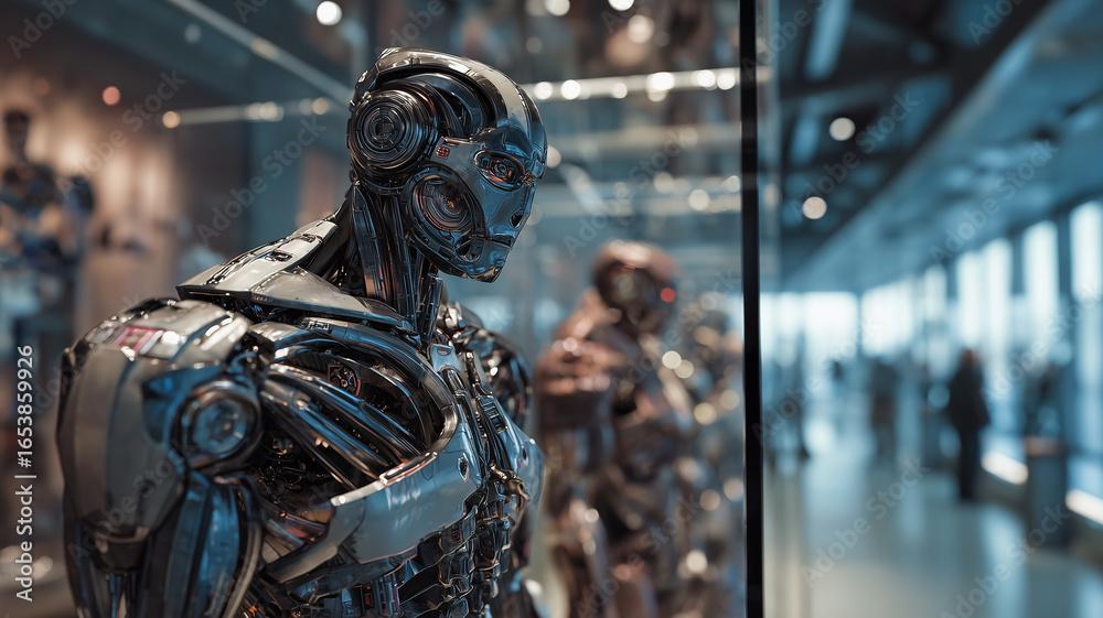 Fototapeta premium Roboty w muzeum technologii na ekspozycji, pokazujące nowoczesne rozwiązania i innowacyjne konstrukcje.