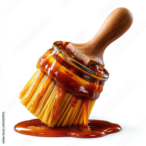 BBQ basting mop brush with long wooden handle and soaked cotton threads, sticky with sauce and drip forming, isolated transparent background