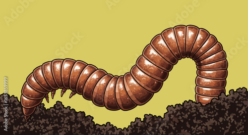 Brown compost worm crawling in dark soil against a pale green background ideal for illustrating themes of decomposition gardening environmental awareness soil health and sustainable agriculture.