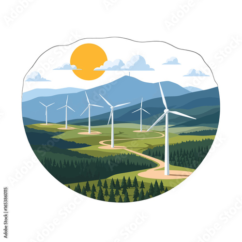 Pixelated Wind Turbine Landscape Illustration with Blue Mountains Yellow Sun and Green Fields Depicting Renewable Energy on White Background