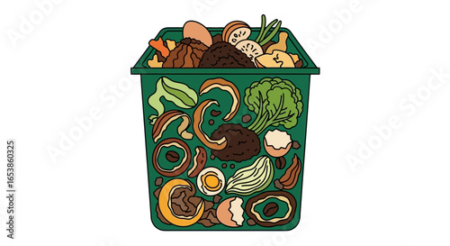 compost bin overflowing with food scraps a kitchen waste recycling bin for sustainable living demonstrating eco-conscious choices ideal for environmental awareness campaigns and green initiatives.