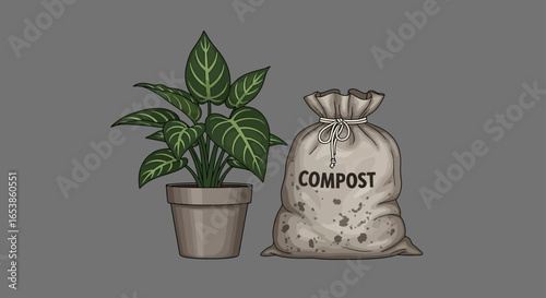 Compost growth concept potted plant thrives near a bag of compost symbolizing organic gardening sustainable living and environmental awareness in home gardening projects and educational materials