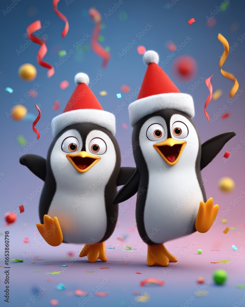 Fototapeta premium Cute Cartoon Penguins Celebrating Christmas and New Year Party.