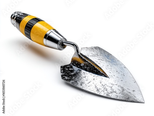 A metallic trowel with a yellow and black handle rests on a white background