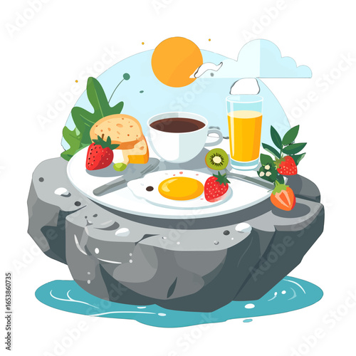 Healthy Breakfast with Fried Egg Toast Strawberry and Orange Juice on Stone Table Surrounded by Water in Sunny Day