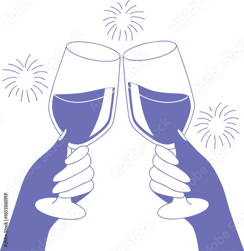 Hand drawn sketch of clinking champagne glasses with sparkling bubbles and stars. Elegant doodle illustration for party, toast, wedding, or celebration design. Fun festive outline style.