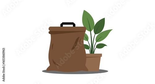 compost growth symbolized by a full brown bag and a vibrant green potted plant representing sustainability and eco-friendly gardening practices for organic waste reduction and urban agriculture,