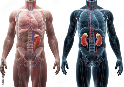 Medical illustration of human anatomy, depicting kidneys and the vascular system in two distinct views.