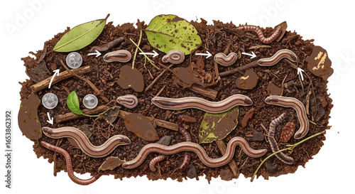 compost worm life cycle illustration showing egg development to mature worms crawling in rich garden soil depicting decomposition soil health and organic gardening practices for educational content.