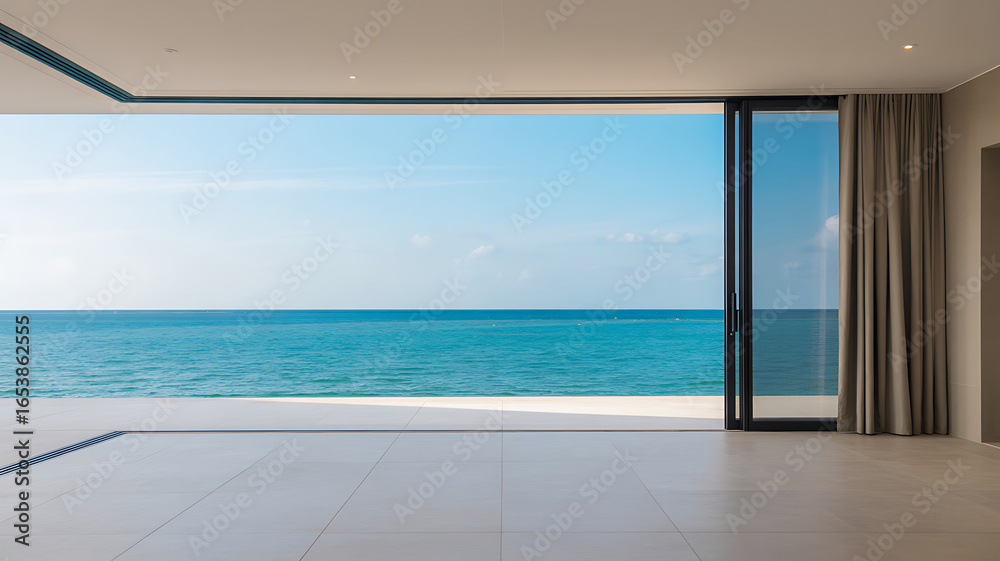 Fototapeta premium Bright and airy coastal living space features expansive glass doors opening to a breathtaking ocean view, enhancing the tranquil atmosphere of the room during the day.