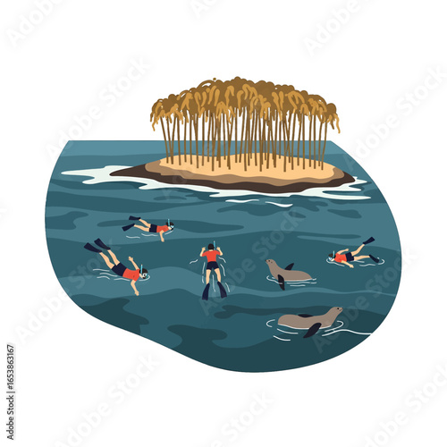 Pixel Art Illustration of Snorkelers Swimming Near Tropical Island with Seals in the Turquoise Ocean Water with Digital Style