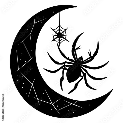 Crescent moon with spider silhouette vector illustration