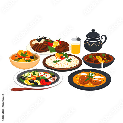 Variety of Colorful Prepared Food Dishes and Beverages Including Salads Rice and Meat Pixel Art Style