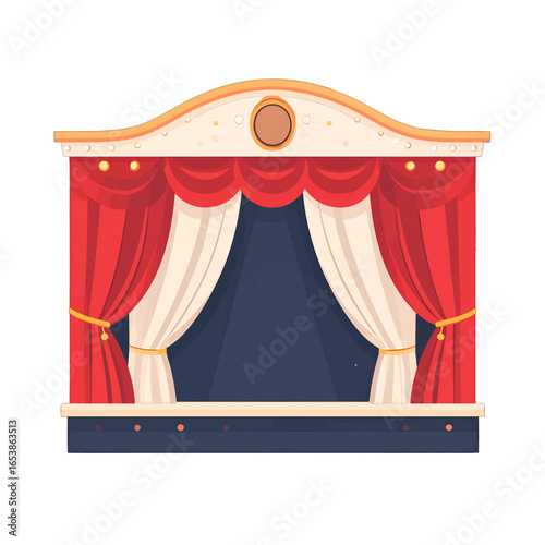 Red and White Classic Theatre Stage with Drawn Curtains and Arched Proscenium Archway
