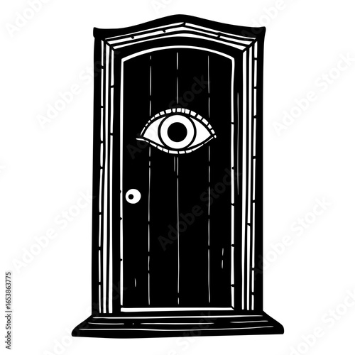 Scary door with eye peeking silhouette vector illustration