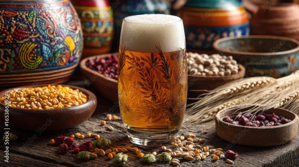 Fototapeta premium A glass of beer is on a table with a variety of food and bowls. The table is decorated with colorful bowls and vases, and the food includes beans, rice, and other grains. Scene is casual and inviting