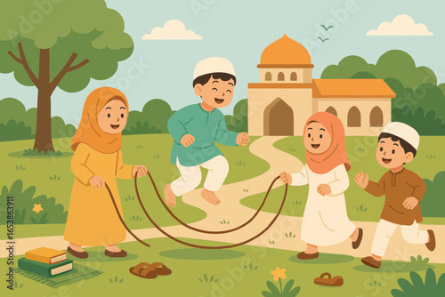 Flat illustration of a Muslim family spending time outdoors near a mosque.
