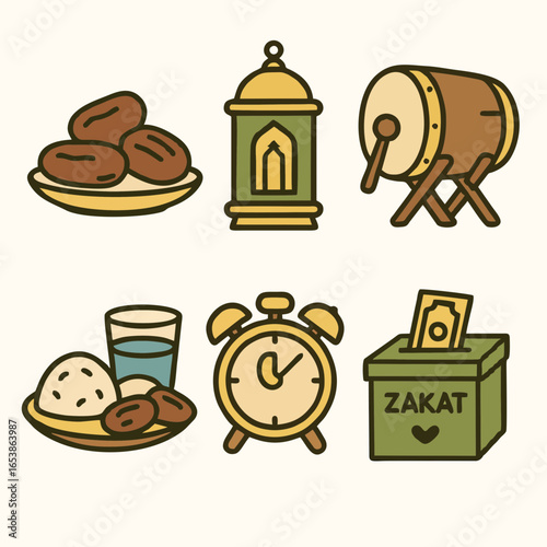 Flat icon set of dates, food, lantern, drum, zakat box, and Ramadan elements.