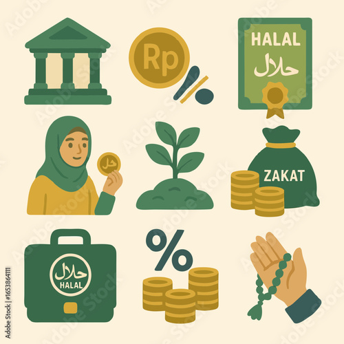 Flat illustration of Quran, tasbih, prayer mat, cap, and Muslim prayer.