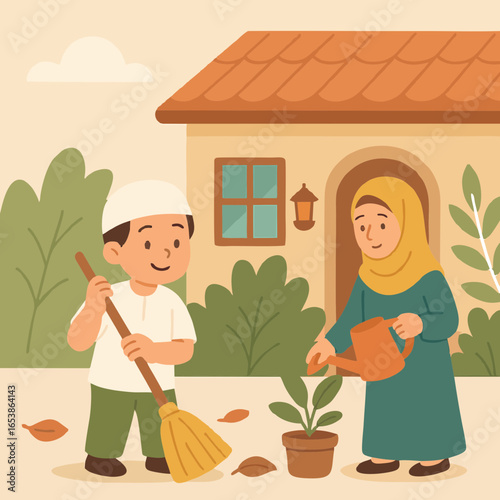 Flat illustration of Ramadan village life with Muslim family sharing and working together.
