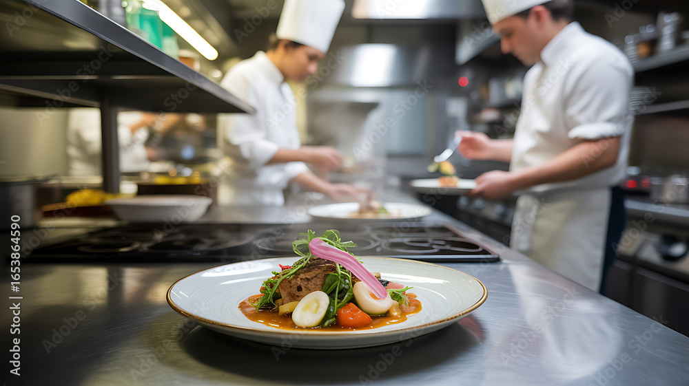 Chefs focus on creating a gourmet meal in a contemporary kitchen, showcasing skillful plating with fresh ingredients and aromatic details during the lunch rush. Chefs focus on creating a gourmet meal in a contemporary kitchen, showcasing skillful plating with fresh ingredients and aromatic details during the lunch rush.
