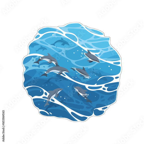 Pixel Art Illustration of Dolphins Swimming in Blue Ocean Waters Minimalist Graphic Design of Marine Animals