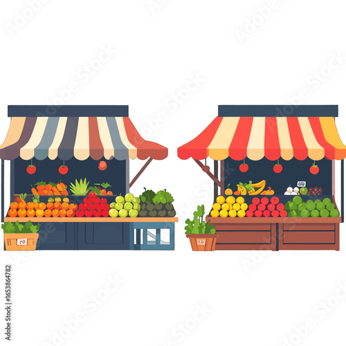 Pixel Art Market Stalls Showcasing Colorful Fruits and Vegetables With Striped Awning and Various Display of Fresh Produce Offerings