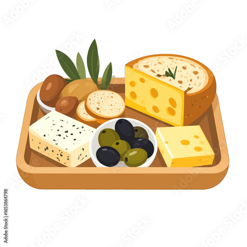 Assorted Cheese Blocks and Olives on a Wooden Tray with Crackers and Greenery Food Still Life
