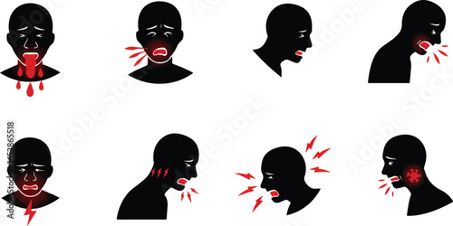 Set of eight black silhouette icons depicting various symptoms of illness and pain sickness health