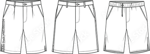 cad drawing flat vector illustration, men casual shorts technical fashion sketch, front view summer apparel template design