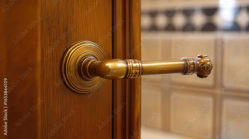 Obraz premium Ornate brass door handle on a light brown wooden door in a bathroom with patterned tile