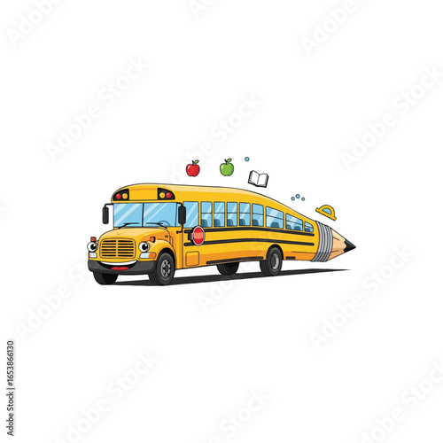 This vibrantly coloured graphic depicts an educational school bus, a mobile classroom for elementary students eager to learn and explore new ideas, fostering wisdom and intelligence.