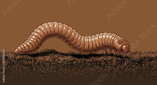 A compost worm crawling through rich dark soil exploring its earthy environment for nutrients ideal for illustrating decomposition gardening or sustainable living practices.