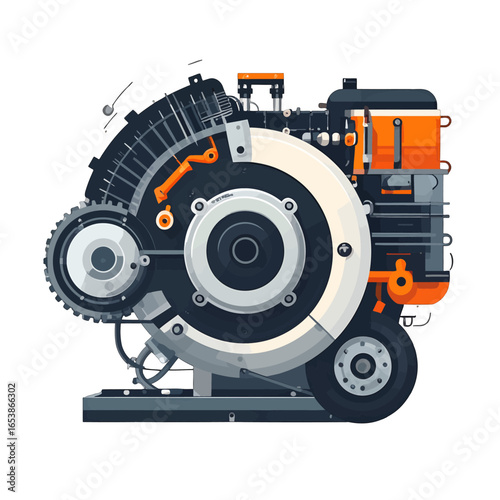 Detailed Engine Machine Illustration in Gray and Orange Pixelated Style on White Background