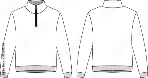 cad drawing flat vector illustration, front and back view half zip sweatshirt with ribbed hem and cuff, fashion technical sketch